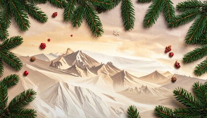 Festive Winter Landscape with Snowy Mountains and Holiday Decor
