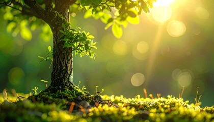 Sunlit miniature tree with moss base
