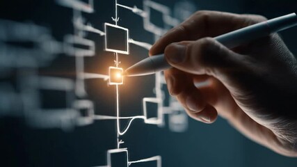 Decision-making with Digital Pen: The hands of a skilled professional trace a complex diagram with a digital pen, illuminating intricate connections