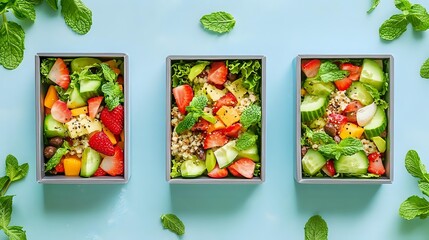 Three rectangular boxes filled with colorful balanced meals on minimal surface and background decorated with mint