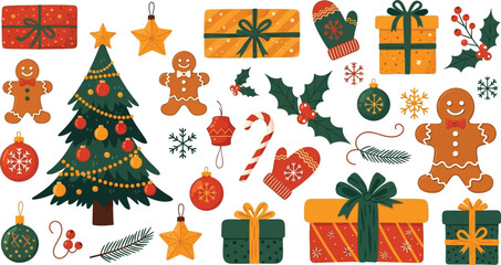 Collection of festive christmas decorations including gifts ornaments gingerbread cookies and holly