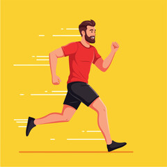 Fototapeta premium Bearded man running at full speed on yellow surface, showcasing fitness and determination for a healthy lifestyle.
