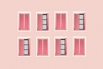 Retro Wooden Windows pattern with pink closed Shutters Jalousie on pastel pink background, Window...