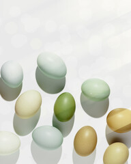 Natural eggs repeat pattern, green brown blue colored Chicken egg with shadow at sunlight, creative food layout. Minimal Easter holiday concept, top view still life, trend patterns, flat lay