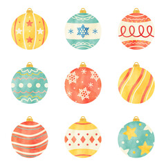 オーナメントの手描き水彩イラストセット クリスマスの飾り