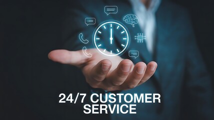 Hand offers 24/7 customer service technology concept hologram