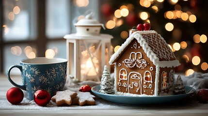 Cozy christmas scene with gingerbread house lantern and warm beverage