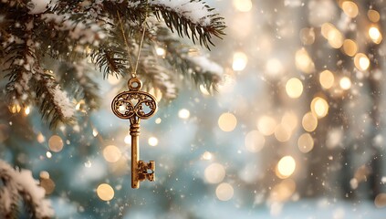 Golden key ornament hangs delicately amidst a snowy christmas tree branch