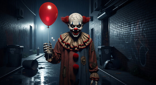 Creepy clown with red balloon in dark rainy alleyway scary horror