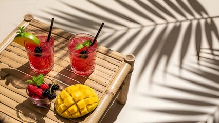 Two refreshing red berry cocktails garnished with mint and lime, served on a bamboo table next to a freshly cut mango.