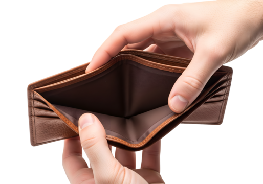 Hands holding empty brown wallet isolated on transparent background