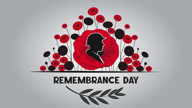 Animated Remembrance Day Illustration with Soldier Silhouette and Red Poppies
