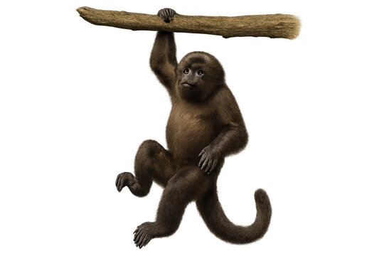 Brown monkey primate hanging from tree branch, wild animal wildlife illustration with transparent background