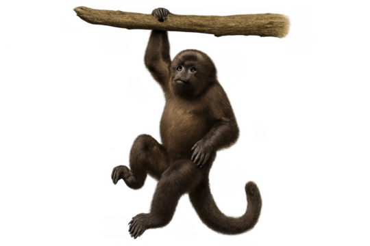 Brown monkey primate hanging from tree branch, wild animal wildlife illustration with transparent background