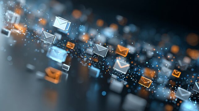 A digital depiction of email messages moving through a network, showcasing data transfer and digital communication. - Powered by Adobe