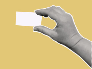 A hand holds a blank card. Empty  ticket, voucher, advertisement close-up. Blank business advertising card for presenting  products. Vector template, message label. Contemporary collage halftone art. 