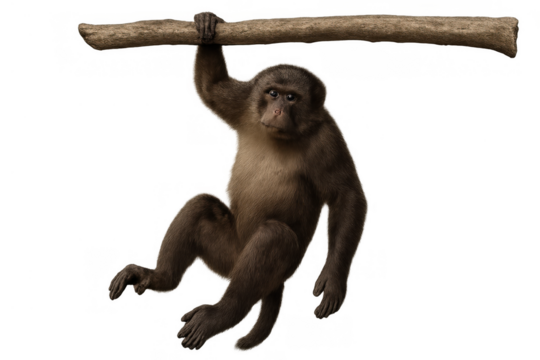 Monkey hanging from tree branch, agile primate in motion, wildlife mammal with brown fur, transparent background