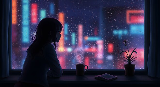 A Cinematic 4k Lofi Hip Hop Music Background and Anime Style Wallpaper Illustration of a Girl at a Rainy Window with a Coffee Mug watching Neon City Lights, a Peaceful Lofi Scene.