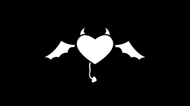 Devil or demon heart white silhouette icon . Heart with devil horns, tail and wings. l horns and tail bad toxic love, or a difficult relationship,