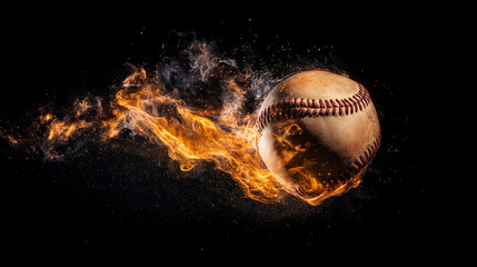 baseball. Baseball with dramatic fiery effect isolated on pure black background with intense flames. event key visuals, club posters, designed for sports event promotions and stadium branding.