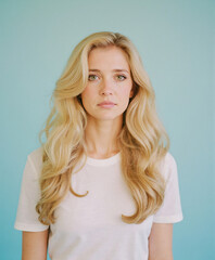 Worried Mature Woman Portrait on Blue Background