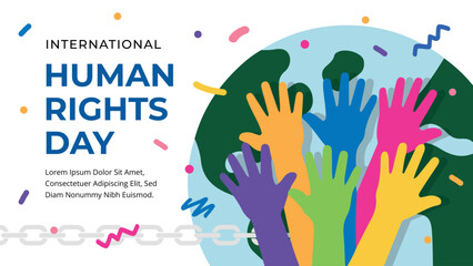 International Human Rights Day banner with diverse hands embracing equality and global unity, promoting peace and justice worldwide