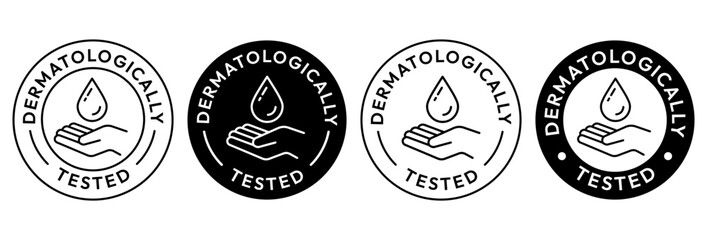Plakat Set dermatologically tested vector label with water drop, leaf and hand logo. Dermatology test and dermatologist clinically proven icon for allergy free and healthy safe product package tag.
