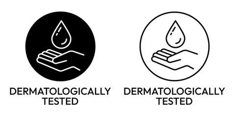 Set dermatologically tested vector label with water drop, leaf and hand logo. Dermatology test and dermatologist clinically proven icon for allergy free and healthy safe product package tag.