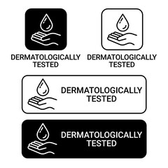 Set dermatologically tested vector label with water drop, leaf and hand logo. Dermatology test and dermatologist clinically proven icon for allergy free and healthy safe product package tag.