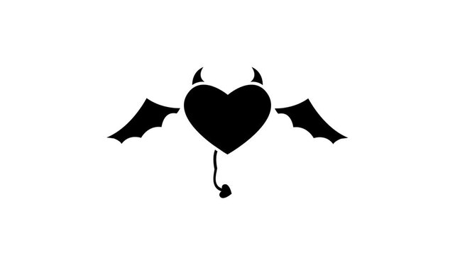 Devil or demon heart white silhouette icon . Heart with devil horns, tail and wings. l horns and tail bad toxic love, or a difficult relationship,