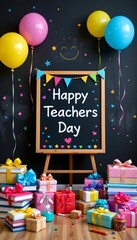 A festive and cheerful atmosphere memorating a special occasion, The central focus is a rectangular blackboard with a wooden frame