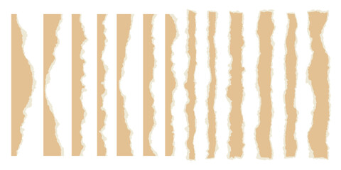 Ripped paper with torn edges on white background. Pieces of teared sheet for frame and template design. Textured cutout shapes for collage and banner. Rough stripes for scrapbooking. Vector set