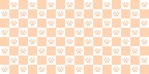 Orange and white chessboard paw print pattern background. Seamless cute design with pastel tones for pet decor, wallpaper, or fabric design. Dog or cat footprint background.