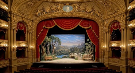 Obraz premium Ornate theater stage with scenic landscape and red curtains