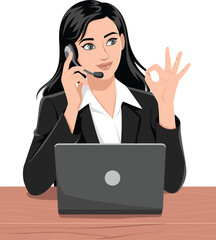 Customer service woman, headset support agent, remote work desk, professional communication, online help, call center, laptop user, office scene