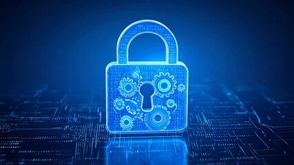 Glowing digital padlock with gears and keyhole over an abstract circuit board. Blue and futuristic - Powered by Adobe