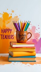 This image features a vibrant and cheerful position dedicated to celebrating teachers, The main focal point is a stack of two books, placed centrally