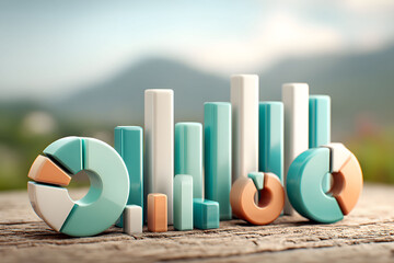 3D Render of Colorful Business Graphs and Charts on Wooden Surface for Data Analysis Concept