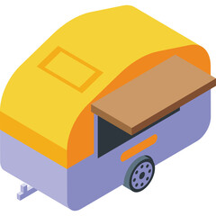 Isometric illustration of a compact mobile food cart with a yellow canopy and brown serving counter on a white background