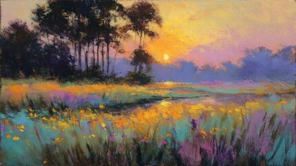 Impressionist Sunset Landscape With Vibrant Flowers And Textured