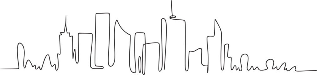 Minimalist black and white continuous line drawing of city skyline abstract cityscape
