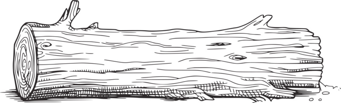 Detailed black and white line drawing of a fallen tree trunk fallen log wood grain