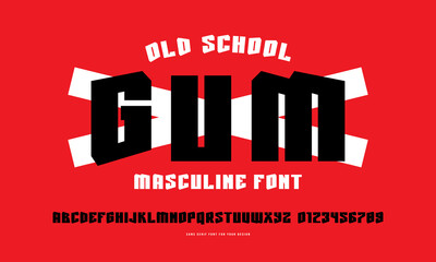 Decorative sans serif font in sport style. Letters and numbers for logo and emblem design. Color print on red background