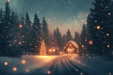 Fototapeta premium Cozy winter scene with log house, decorated Christmas tree and snow-covered trees against falling snow with bokeh effect. Festive evening landscape for New Year design