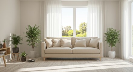 Bright living room with natural light and green plants