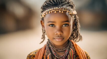 Portrait of young girl in traditional jewelry and clothing outdoors in soft sunlight