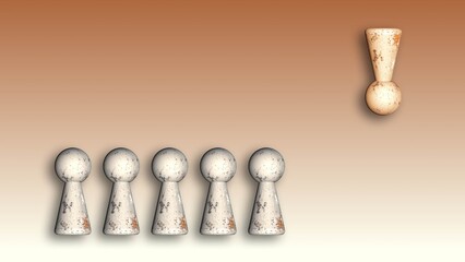 Abstract representation of loneliness. One figure hangs turned and away from the group - 3D Illustration