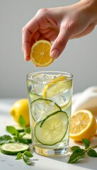 A close up of a hand holding a slice of lemon above a transparent glass filled with water, The background is softly blurred, emphasizing the main subjects