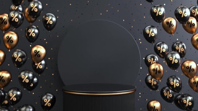 Black Friday looping video with a podium, balloons and confetti on a dark scene for product stand in 3D animation