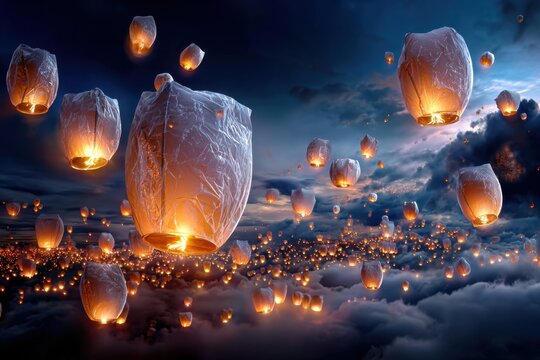 Sky lanterns floating above the clouds at twilight